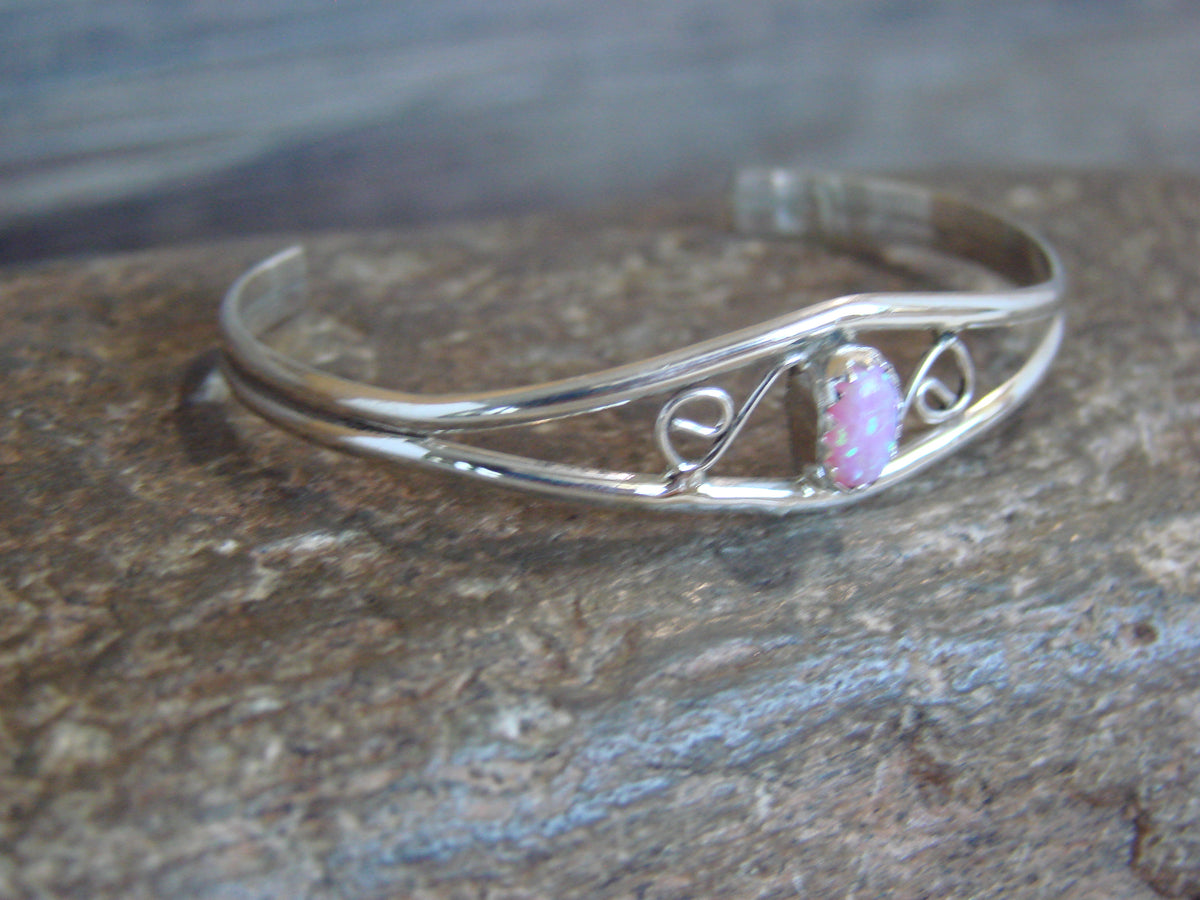 SMALL Navajo Baby / Child Sterling Silver Pink Opal Bracelet by Lincoln