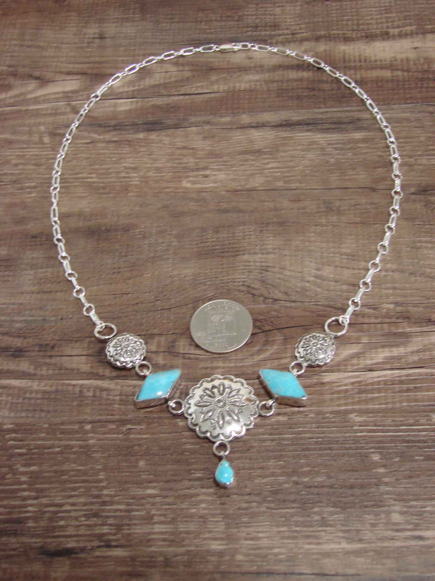 Native American 21" Sterling Silver & Turquoise Concho Link Necklace by Burnside