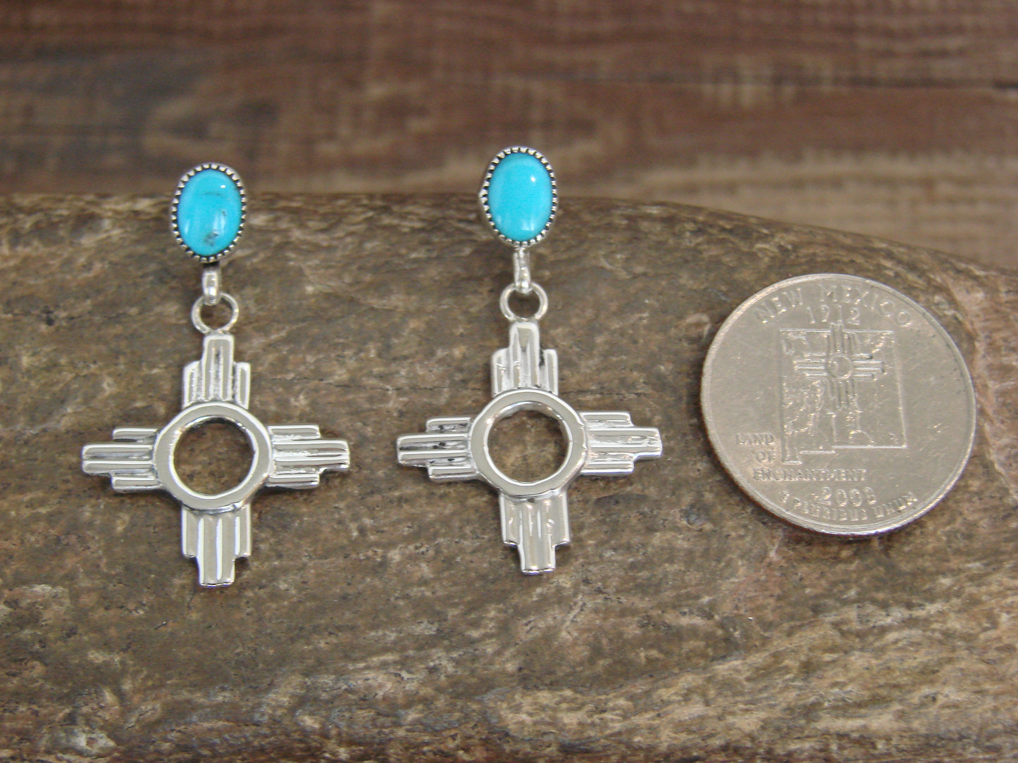 Native American Sterling Silver & Turquoise Zia Post Dangle Earrings - Benally