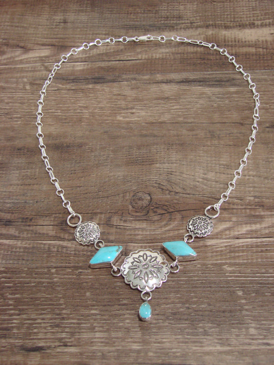 Native American 21" Sterling Silver & Turquoise Concho Link Necklace by Burnside