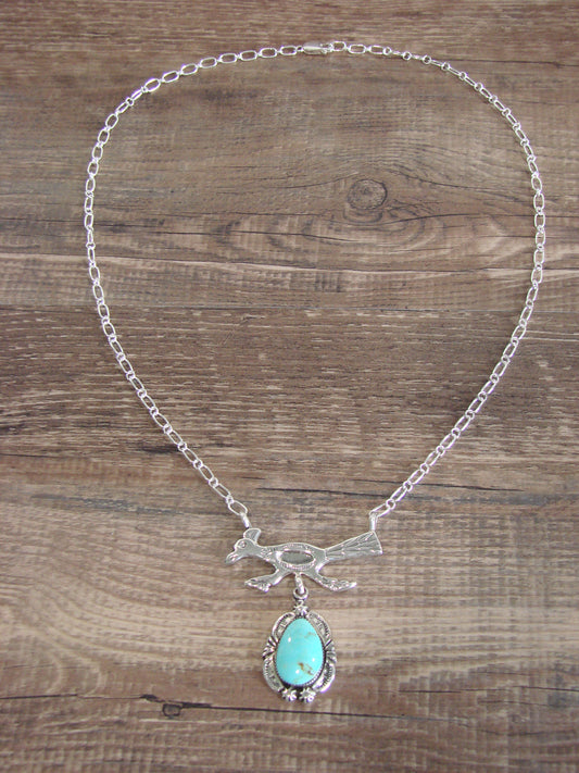 Native American Sterling Silver & Turquoise Roadrunner Link Necklace - Yazzie