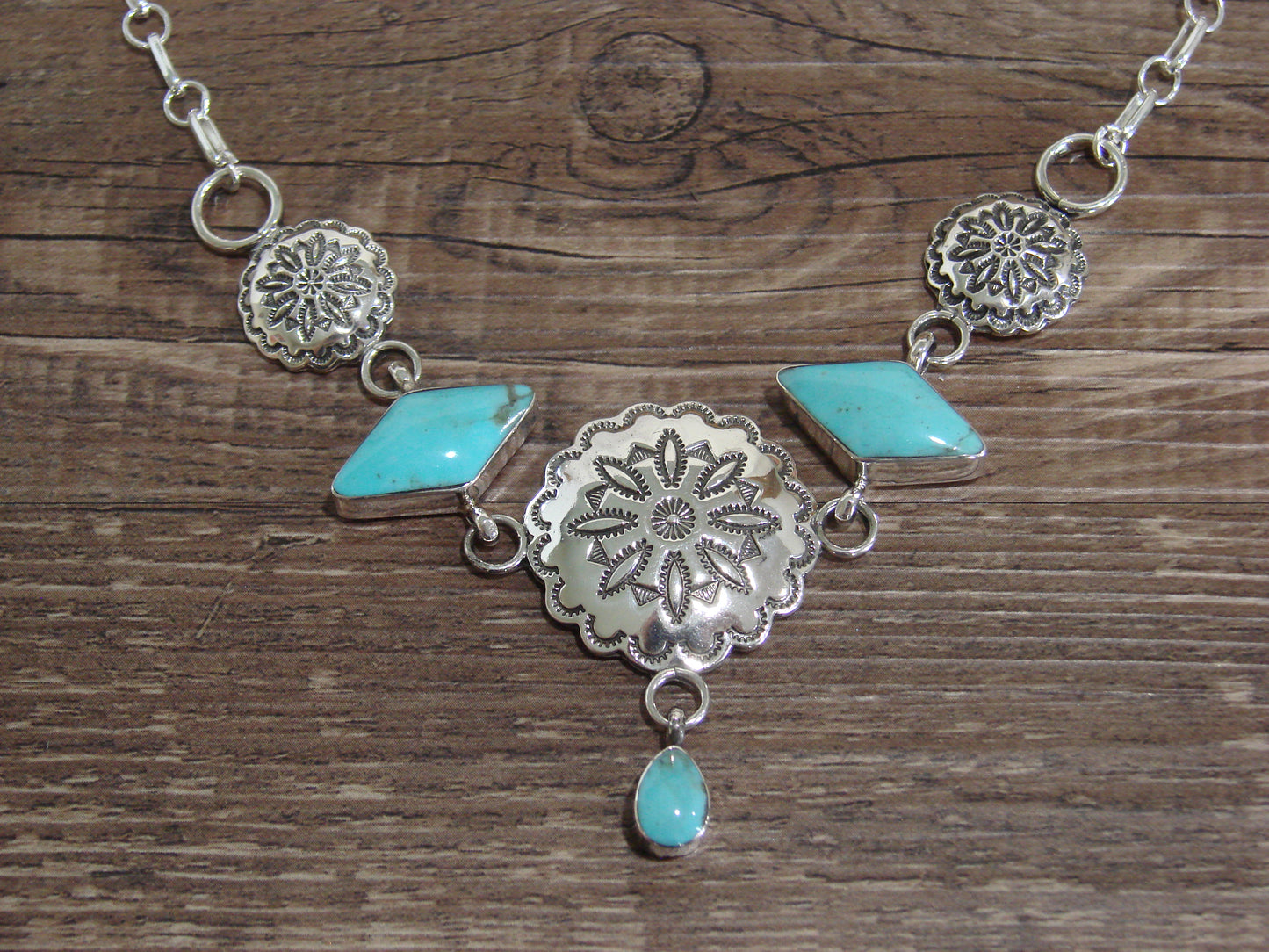 Native American 21" Sterling Silver & Turquoise Concho Link Necklace by Burnside