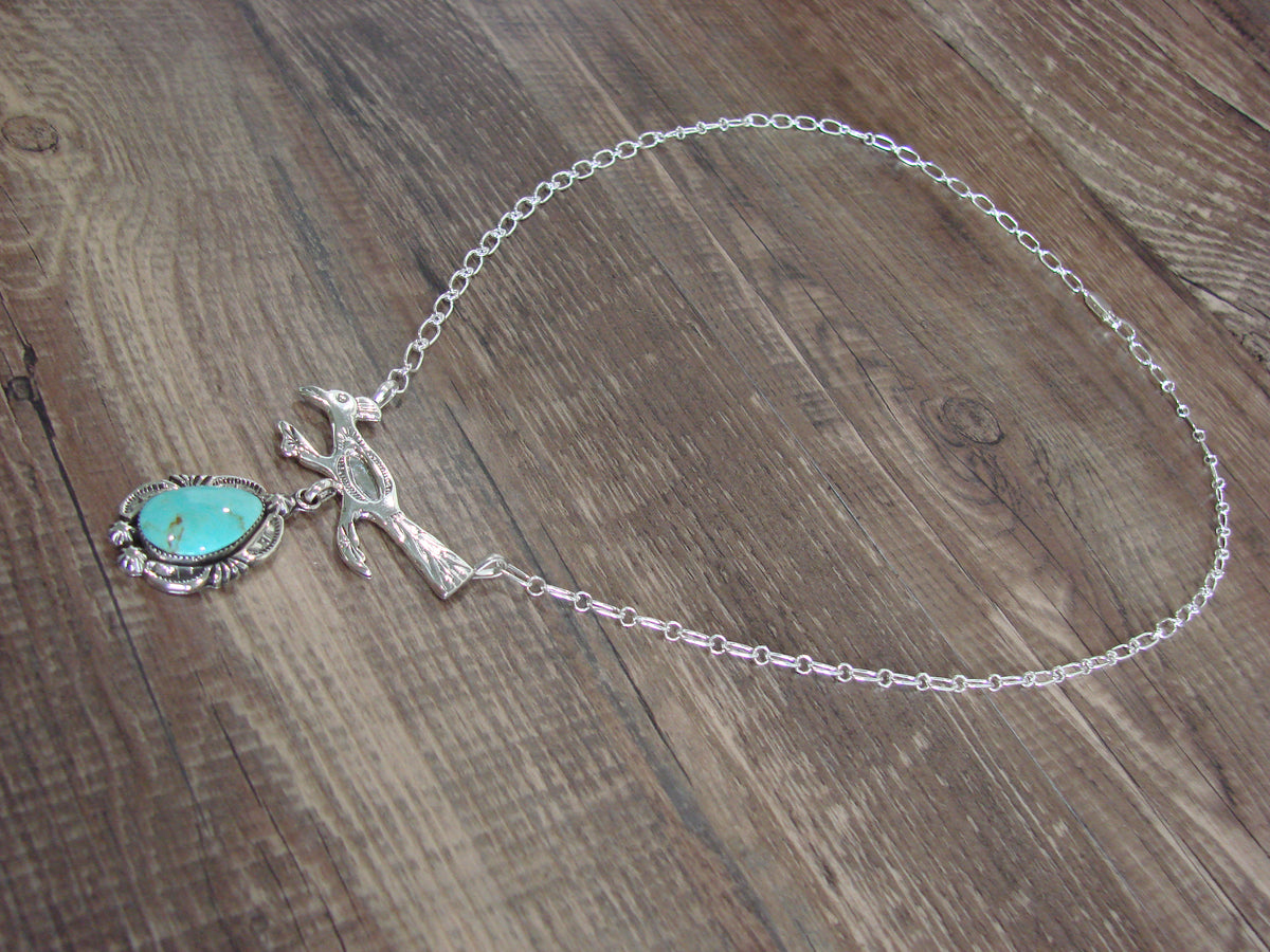 Native American Sterling Silver & Turquoise Roadrunner Link Necklace - Yazzie
