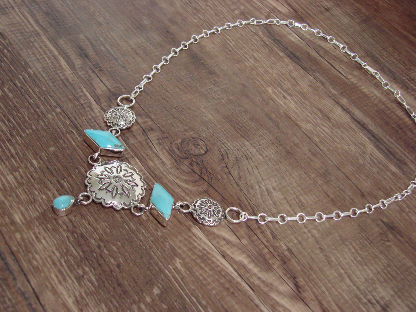 Native American 21" Sterling Silver & Turquoise Concho Link Necklace by Burnside