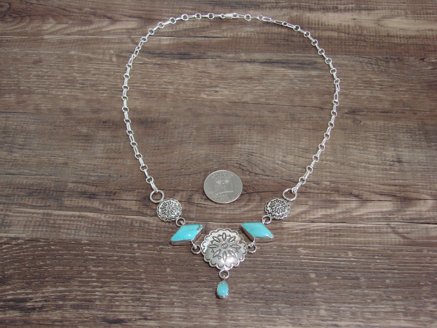 Native American 21" Sterling Silver & Turquoise Concho Link Necklace by Burnside