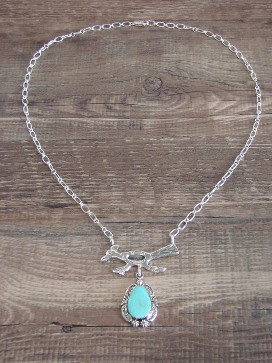 Native American Sterling Silver & Turquoise Roadrunner Link Necklace - Yazzie