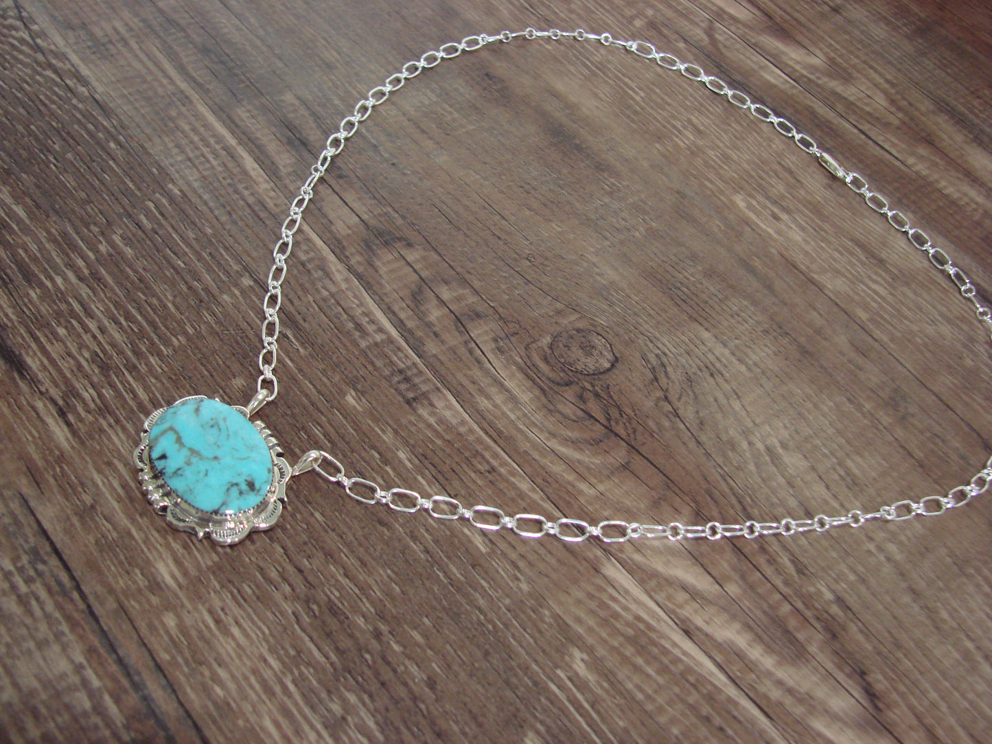 Native American 20" Sterling Silver & Turquoise Link Necklace by Silversmith
