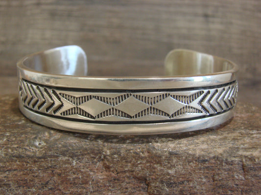 Heavy Native American Hand Stamped Sterling Silver Bracelet Signed Morgan