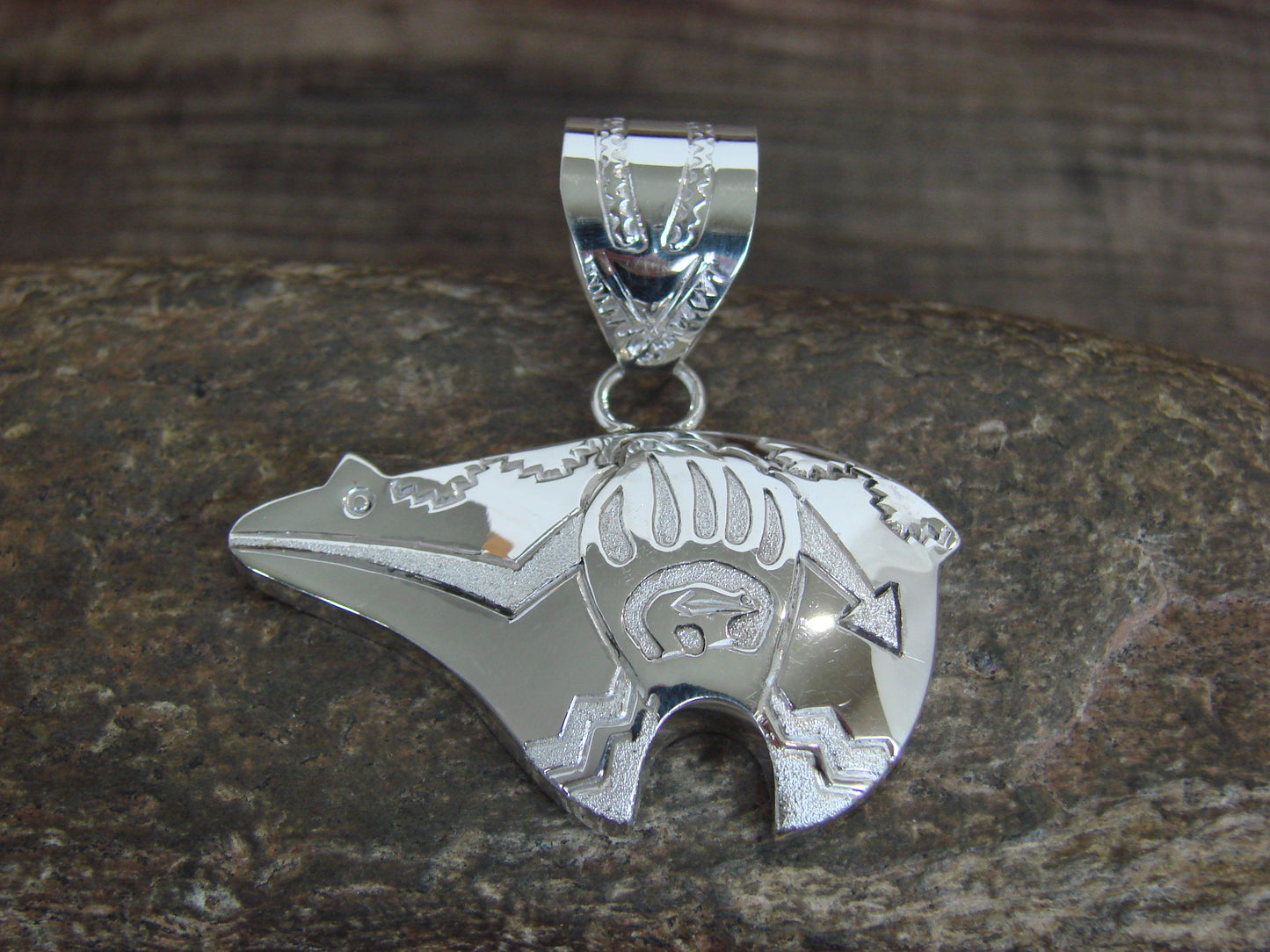 Native American Sterling Silver Heart Line Bear Pendant by Mariano