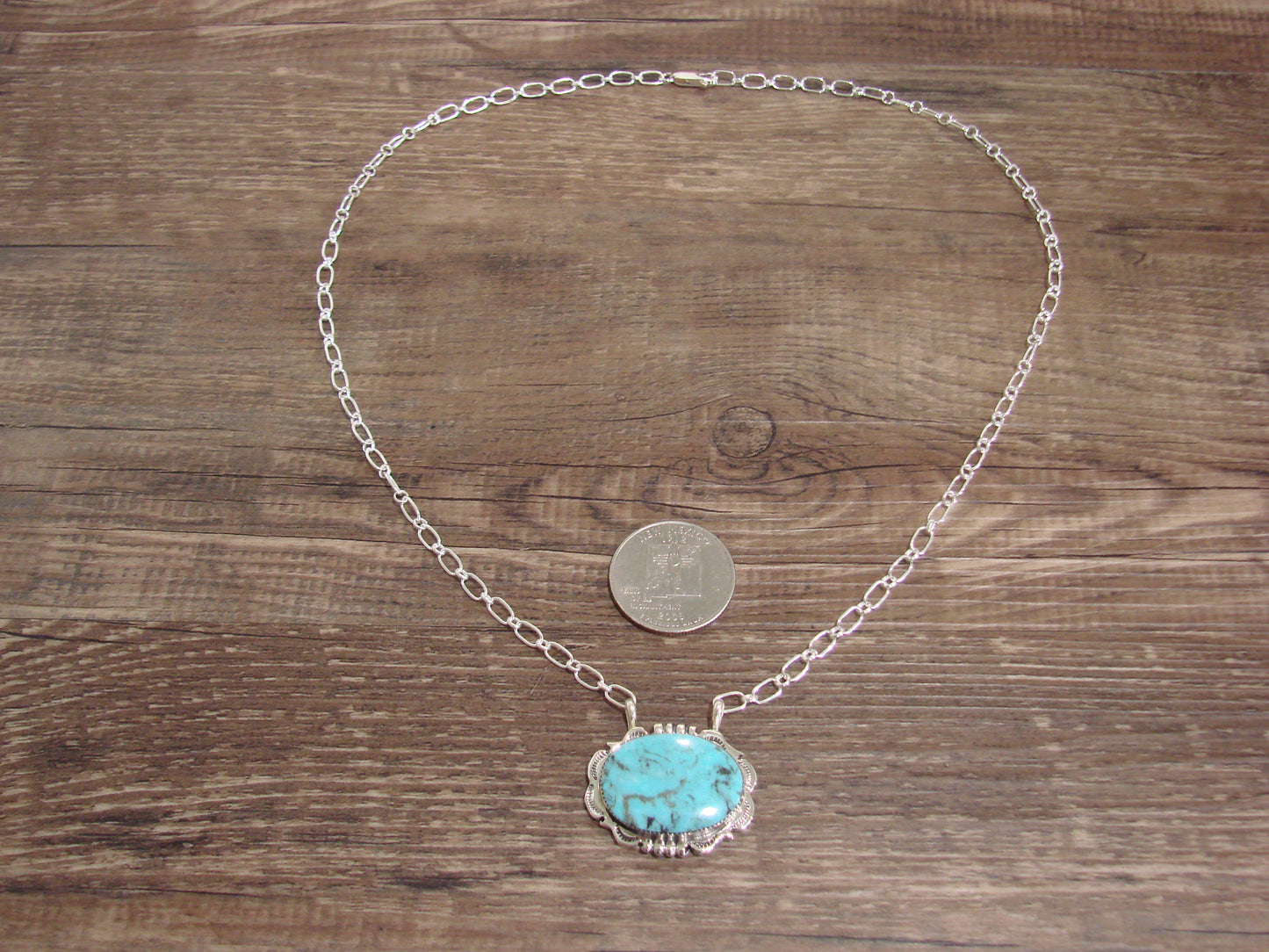 Native American 20" Sterling Silver & Turquoise Link Necklace by Silversmith