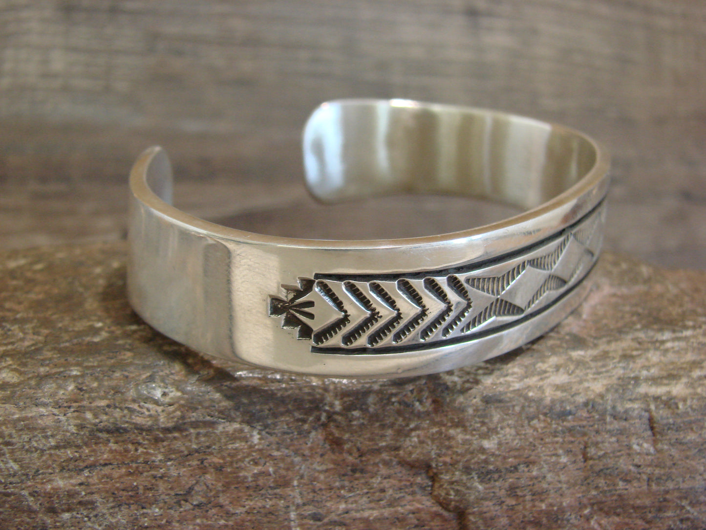 Heavy Native American Hand Stamped Sterling Silver Bracelet Signed Morgan