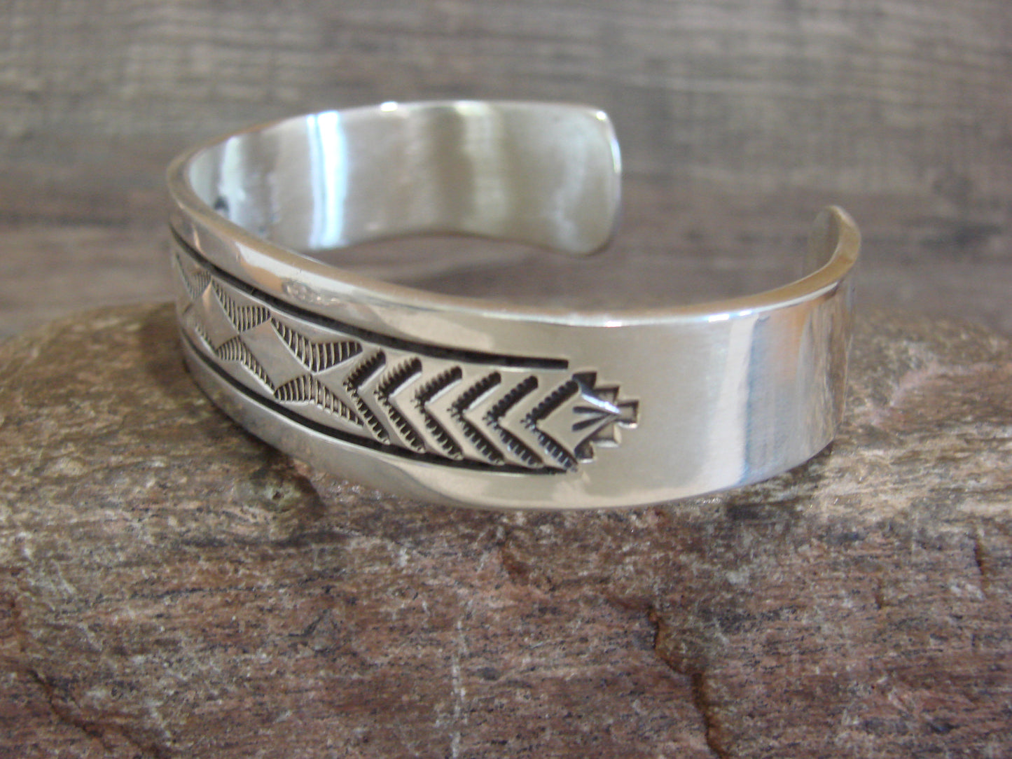 Heavy Native American Hand Stamped Sterling Silver Bracelet Signed Morgan