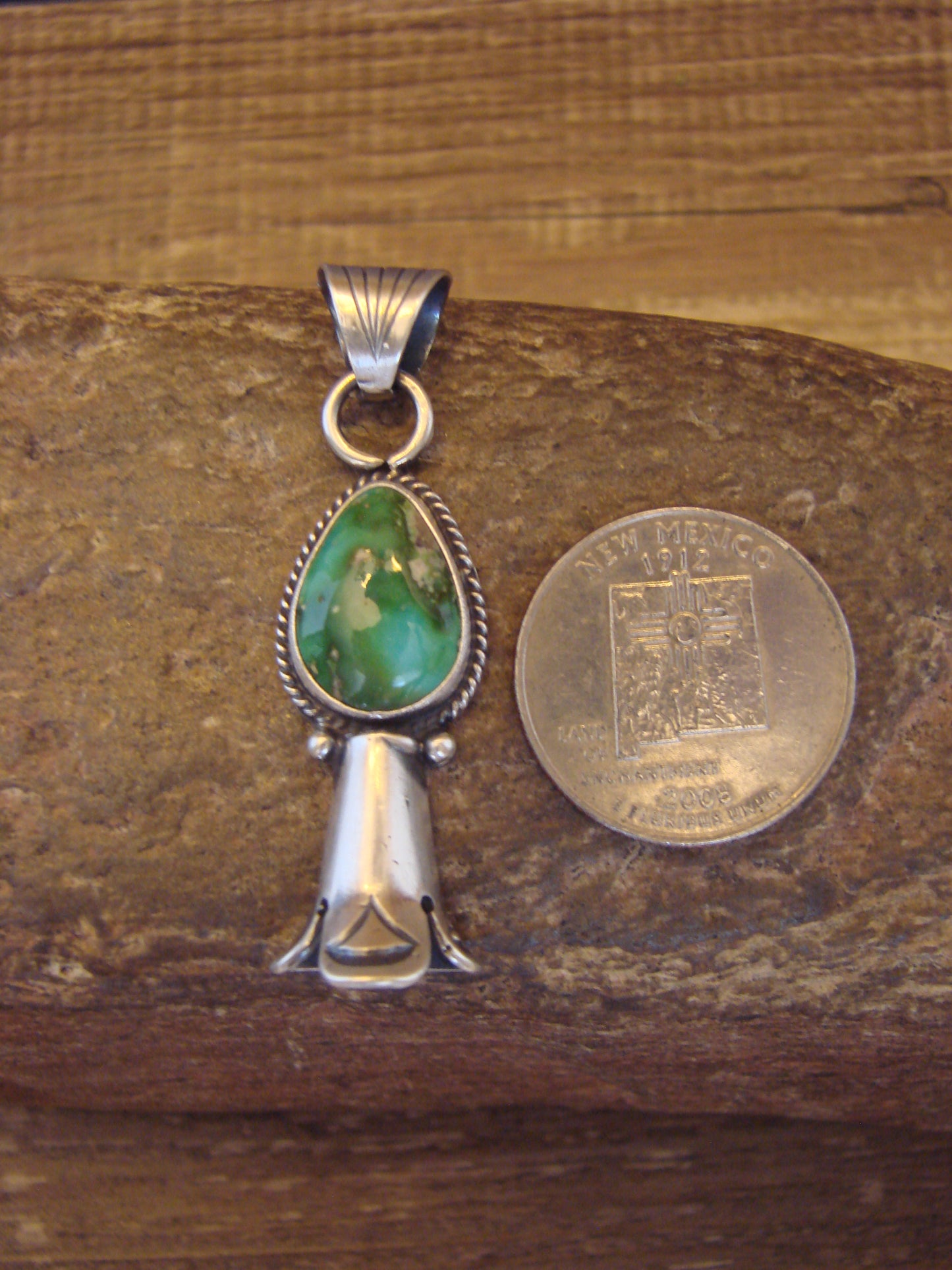 Native American Sterling Silver & Turquoise Squash Blossom Pendant by Betone