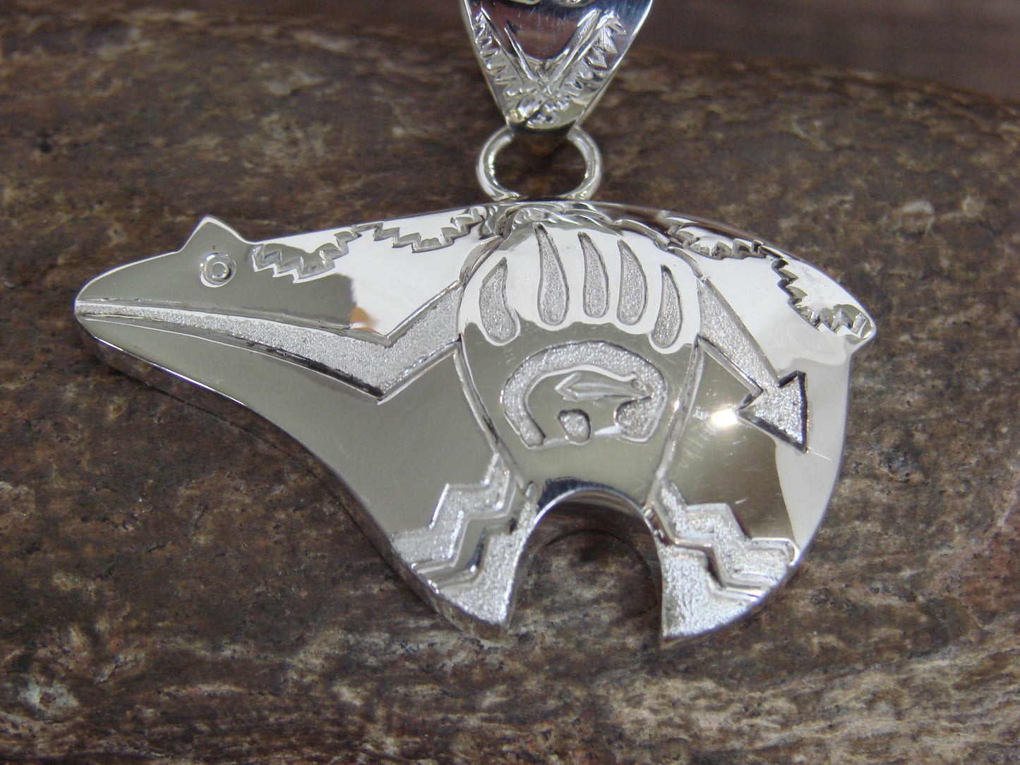 Native American Sterling Silver Heart Line Bear Pendant by Mariano