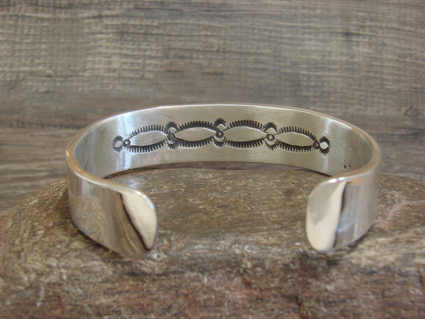 Heavy Native American Hand Stamped Sterling Silver Bracelet Signed Morgan