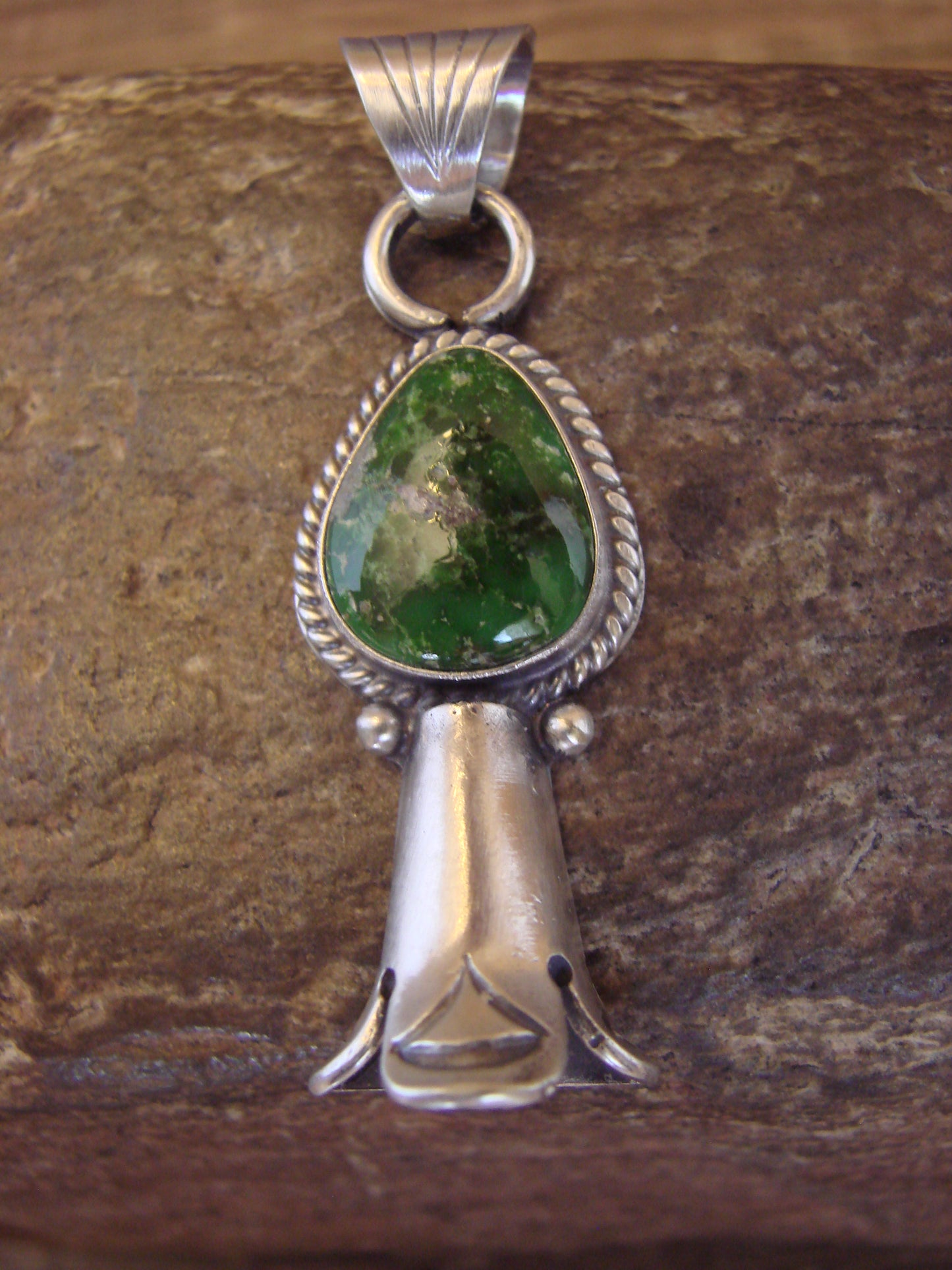 Native American Sterling Silver & Turquoise Squash Blossom Pendant by Betone