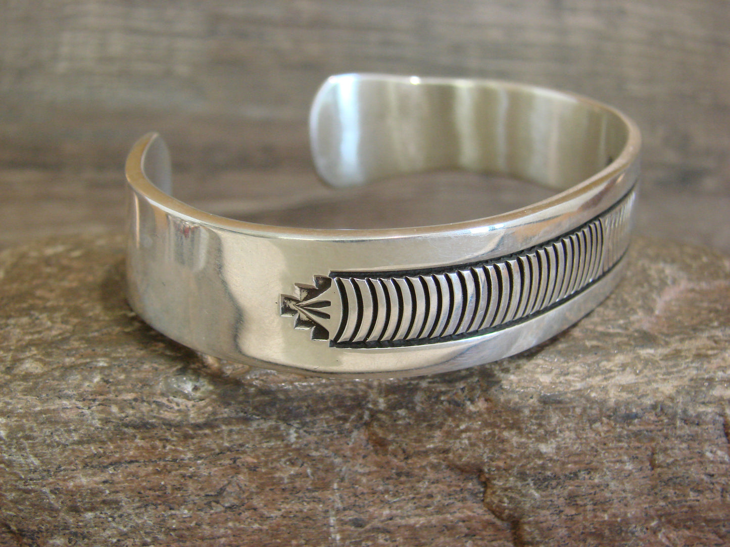 Heavy Native American Hand Stamped Sterling Silver Bracelet Signed Morgan