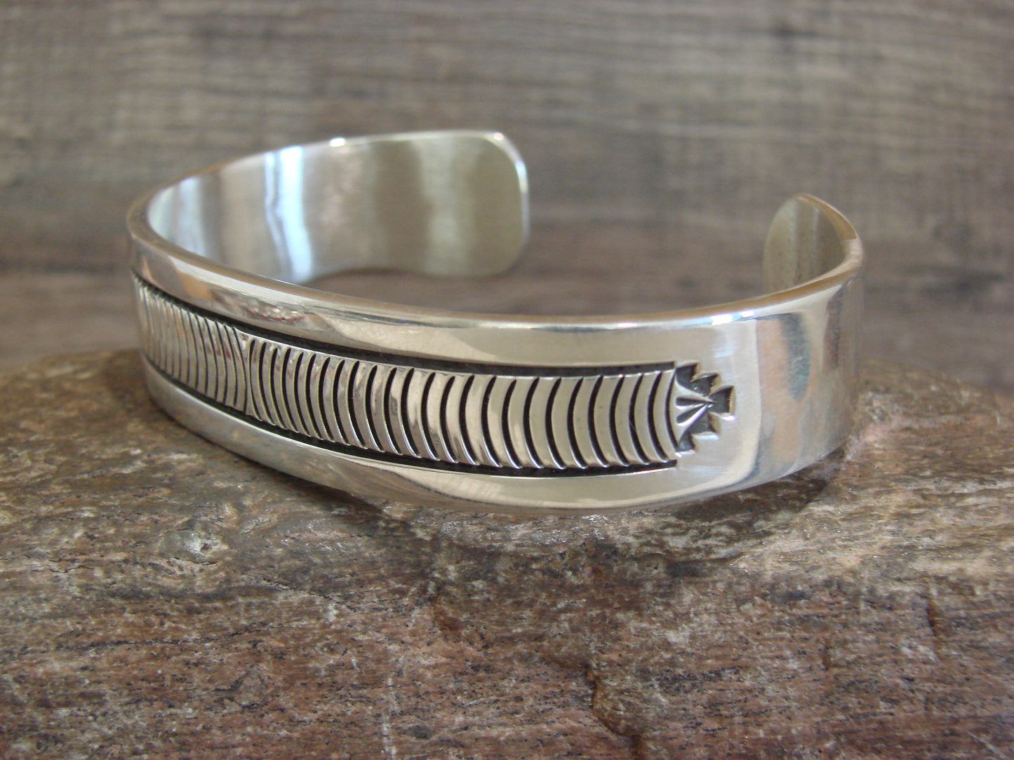Heavy Native American Hand Stamped Sterling Silver Bracelet Signed Morgan