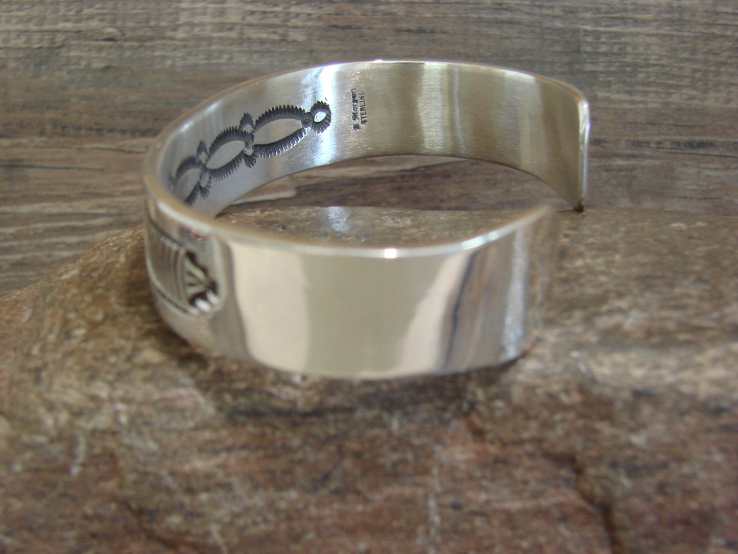 Heavy Native American Hand Stamped Sterling Silver Bracelet Signed Morgan
