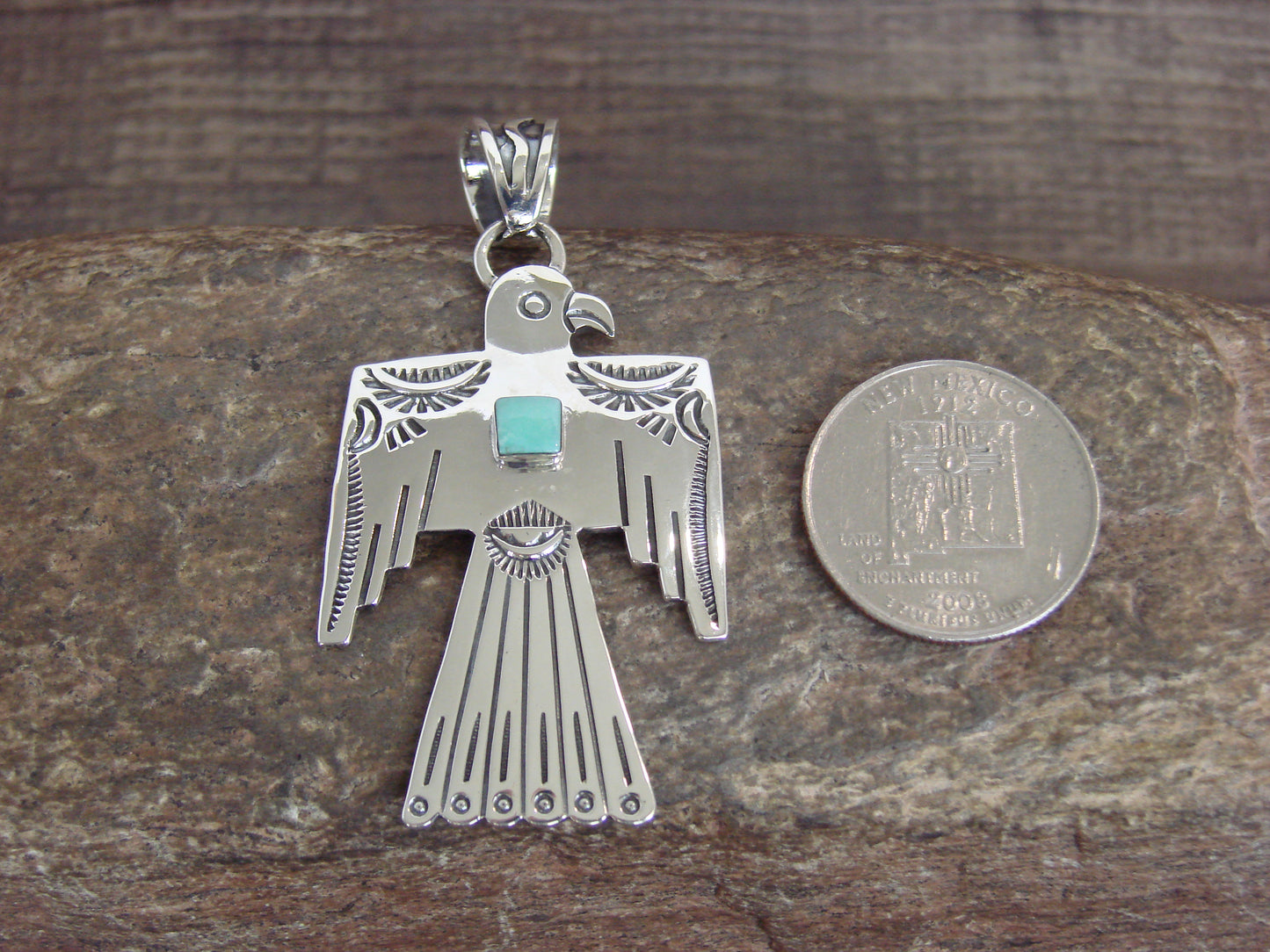 Native American Sterling Silver & Turquoise Thunderbird Pendant by Belin