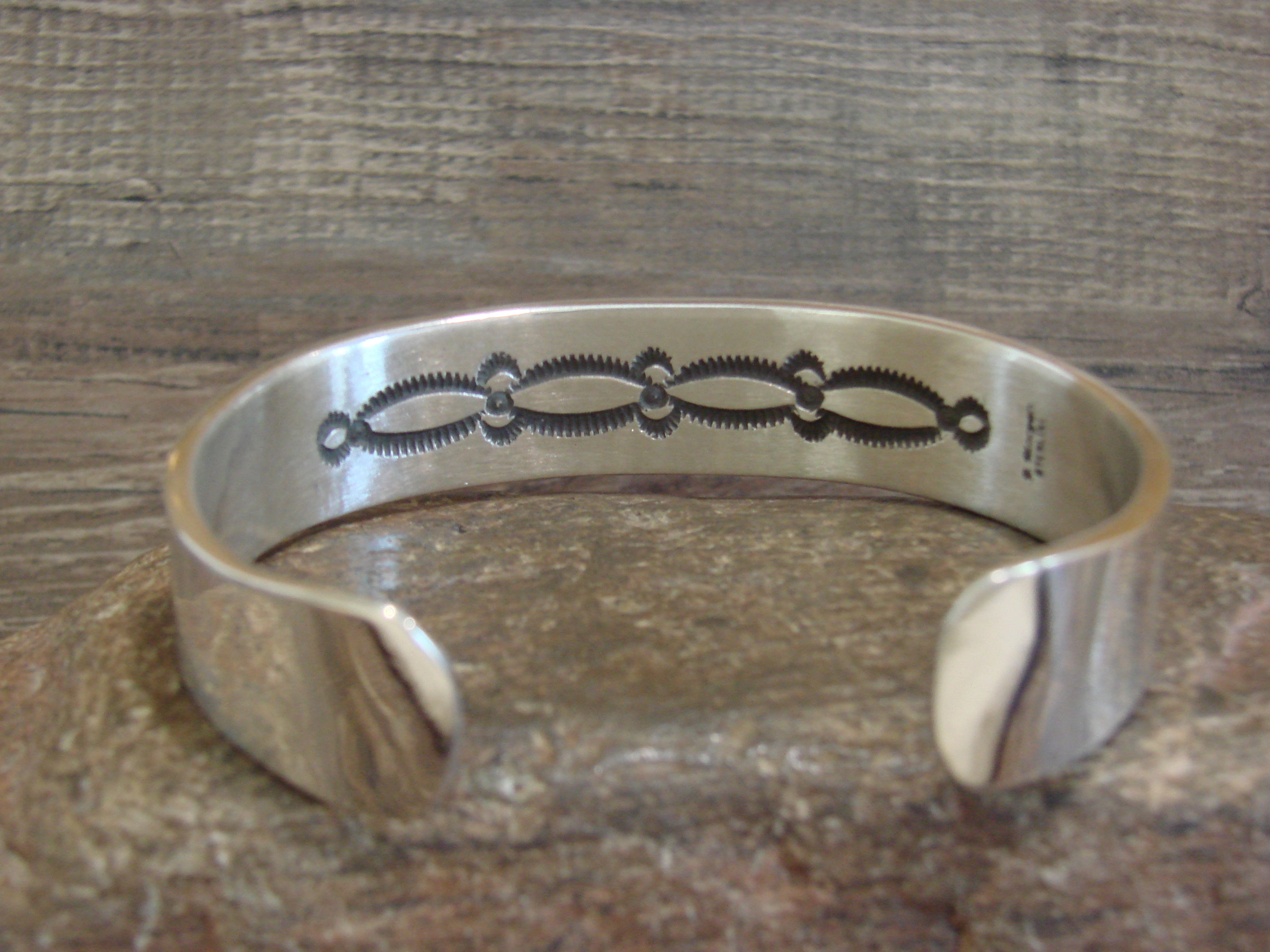 Heavy Native American Hand Stamped Sterling Silver Bracelet Signed