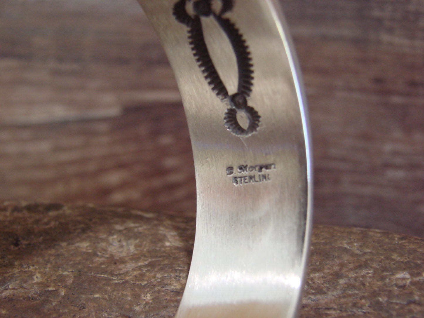 Heavy Native American Hand Stamped Sterling Silver Bracelet Signed Morgan
