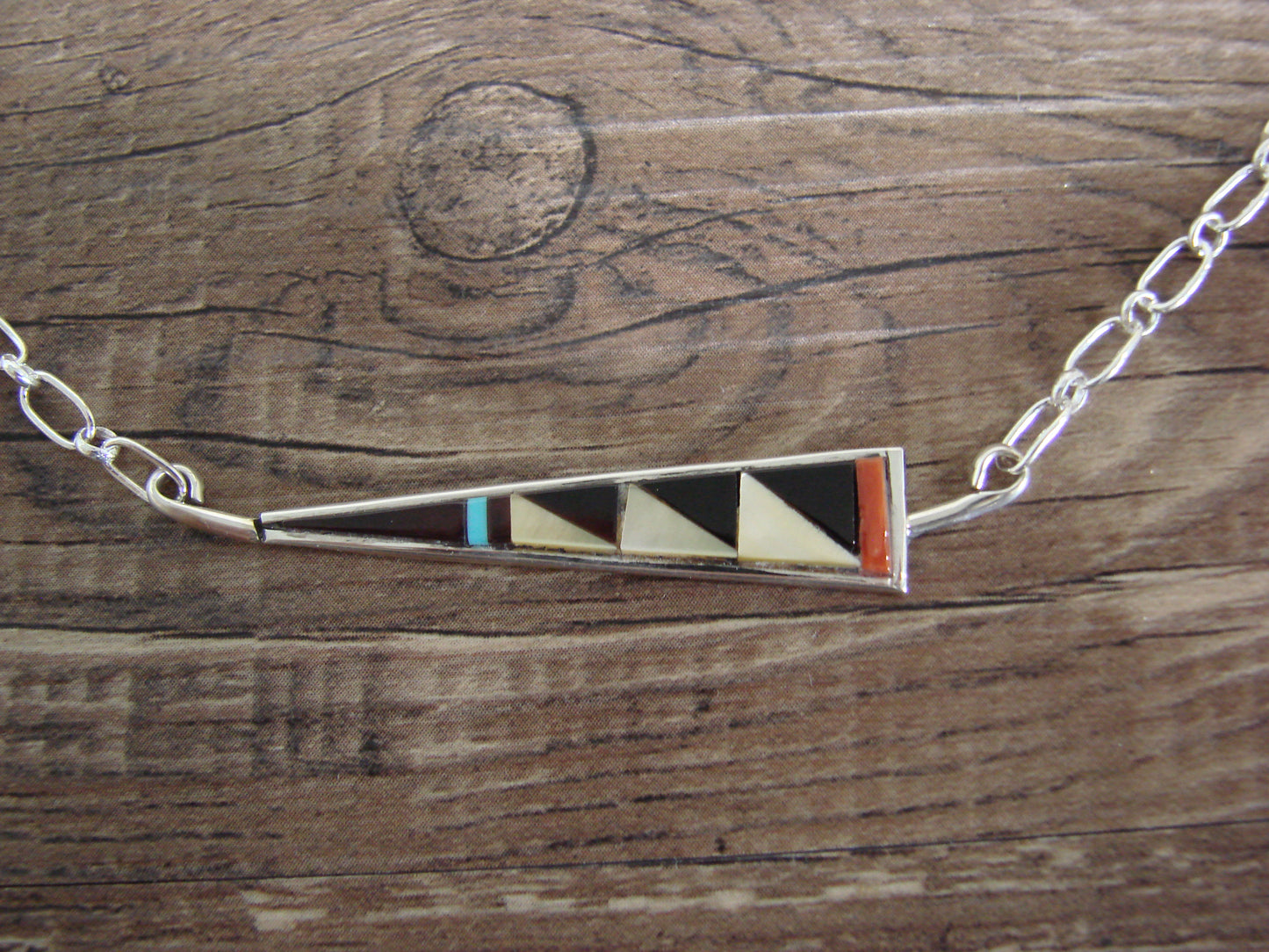 Native American Sterling Silver 18" Multi Stone Inlay Link Necklace - Qualo