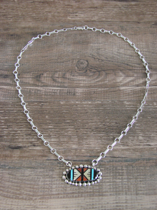 Native American Sterling Silver Multi Stone Inlay Link Necklace - Qualo