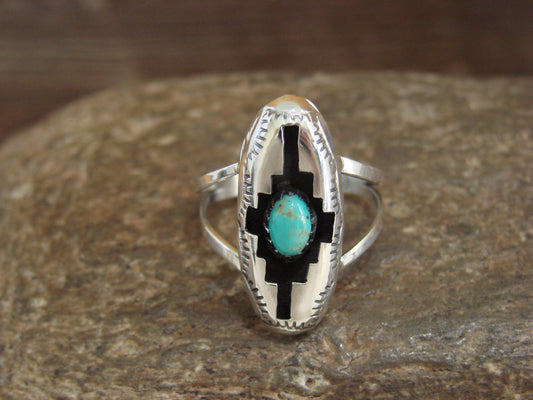 Native American Sterling Silver & Turquoise Shadow Box Ring - Perry - Size 8