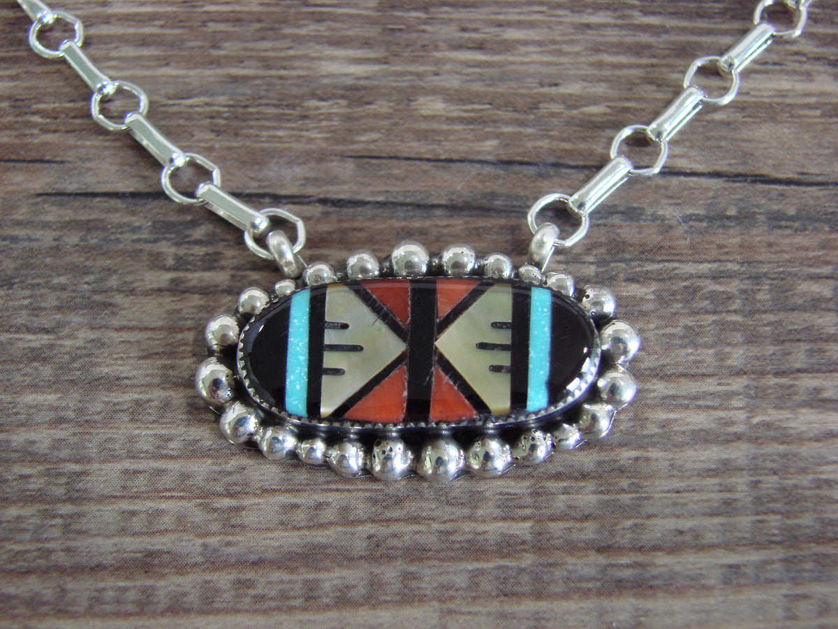 Native American Sterling Silver Multi Stone Inlay Link Necklace - Qualo
