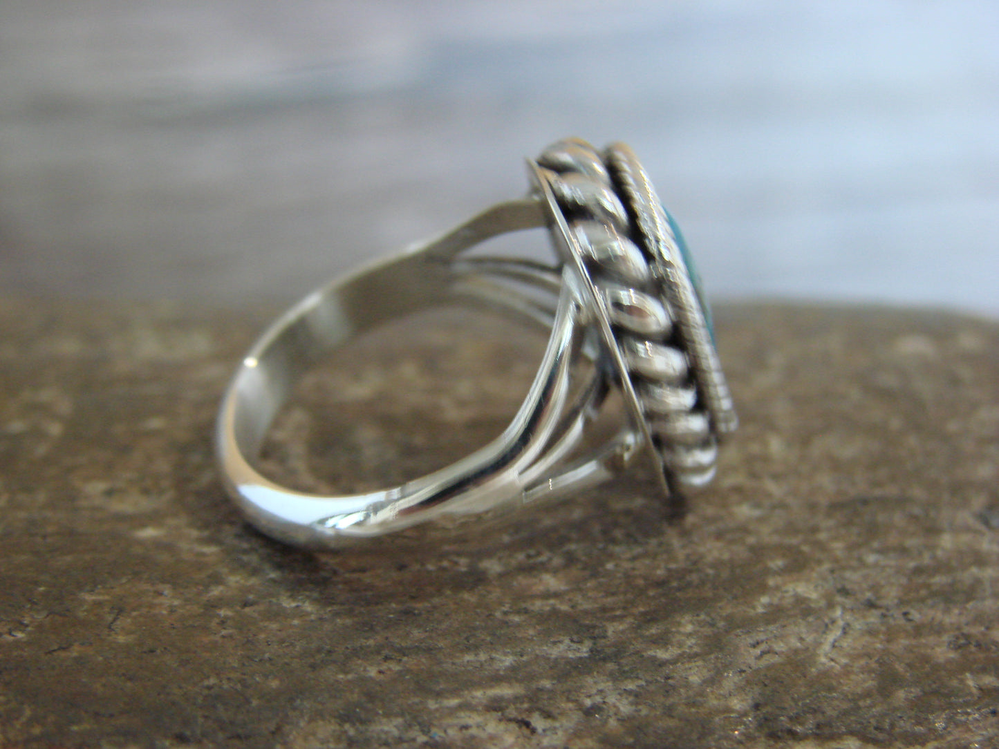 Native American Sterling Silver & Turquoise Shadow Box Ring - Martinez - Size 6