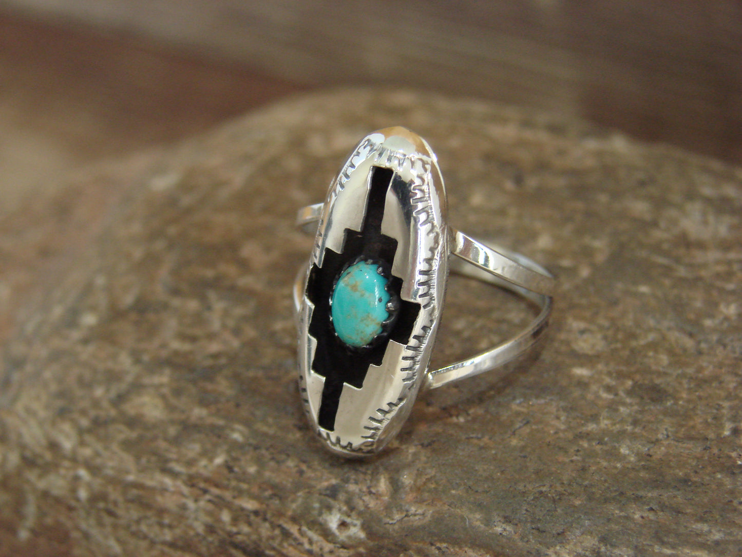 Native American Sterling Silver & Turquoise Shadow Box Ring - Perry - Size 8