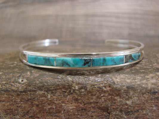 Native American Sterling Silver Turquoise Inlay Row Cuff Bracelet - Johnson