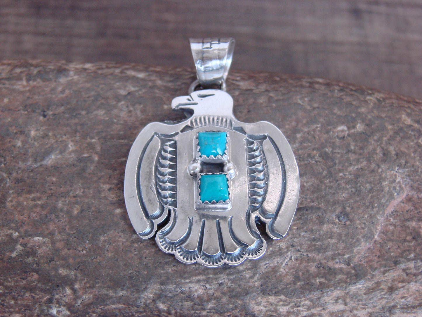Native American Sterling Silver & Turquoise Thunderbird Pendant by Martinez