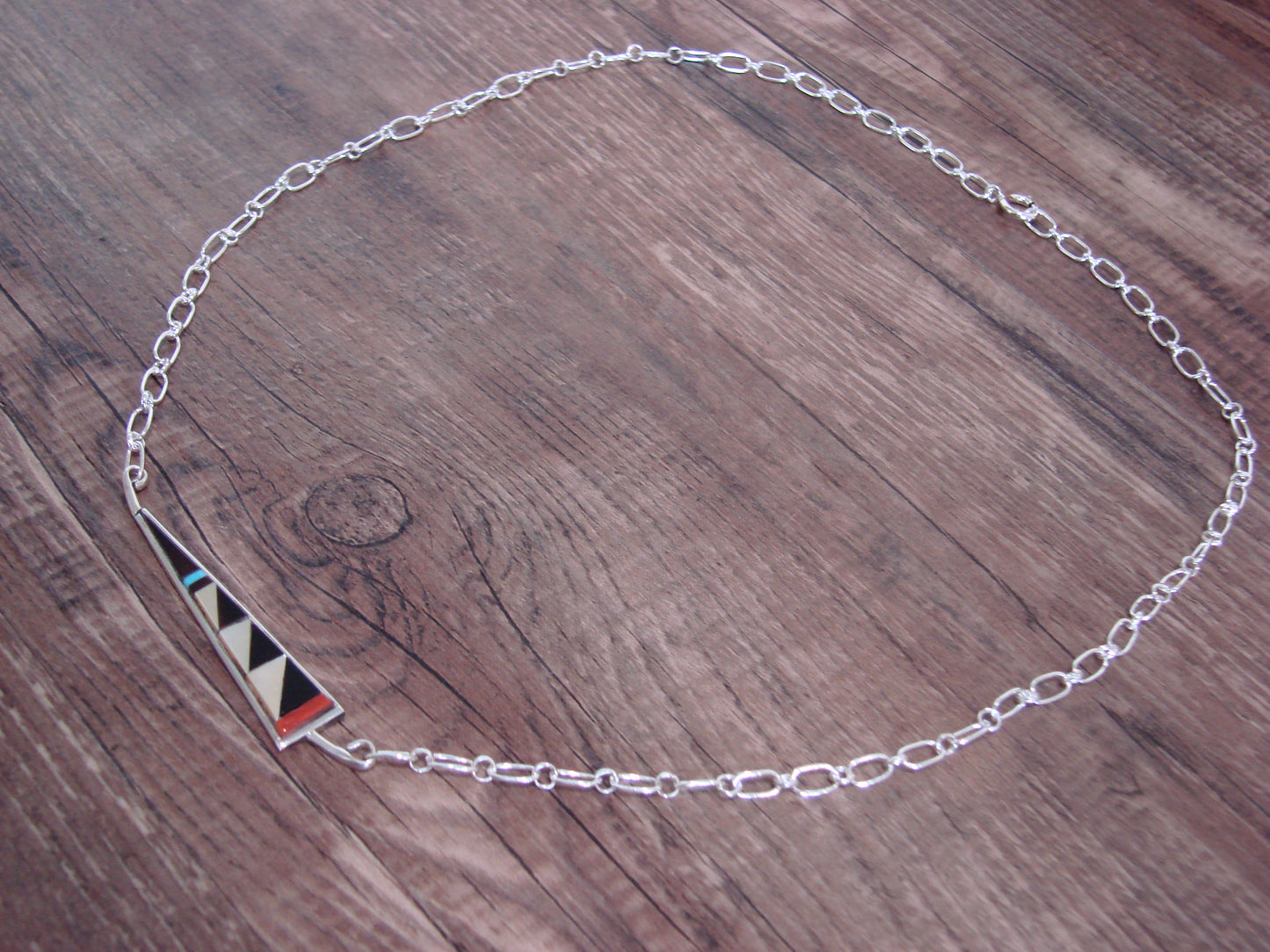 Native American Sterling Silver 18" Multi Stone Inlay Link Necklace - Qualo
