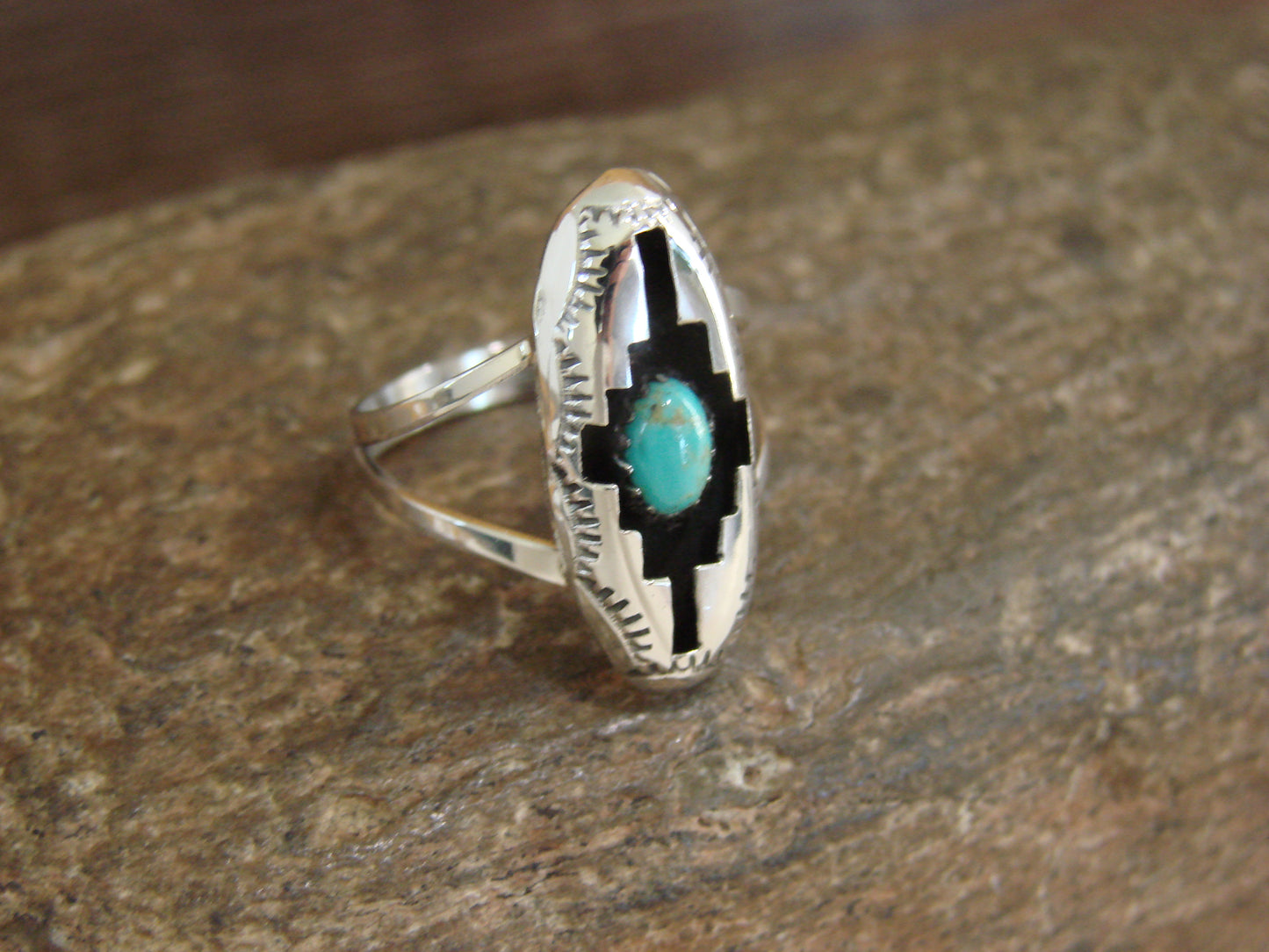 Native American Sterling Silver & Turquoise Shadow Box Ring - Perry - Size 8