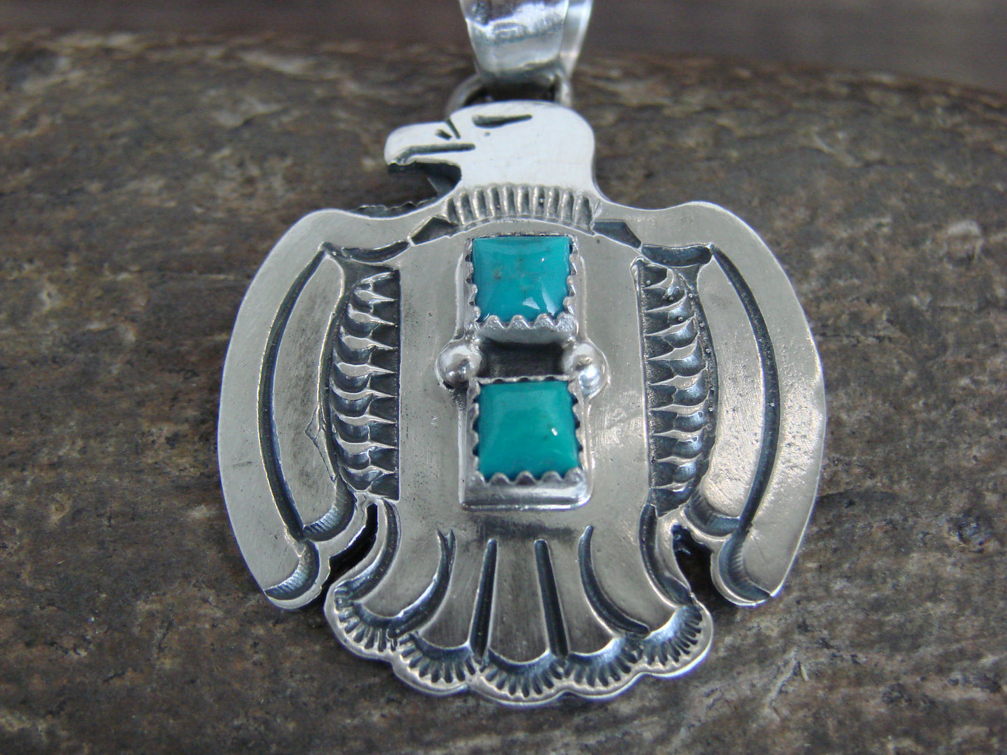 Native American Sterling Silver & Turquoise Thunderbird Pendant by Martinez