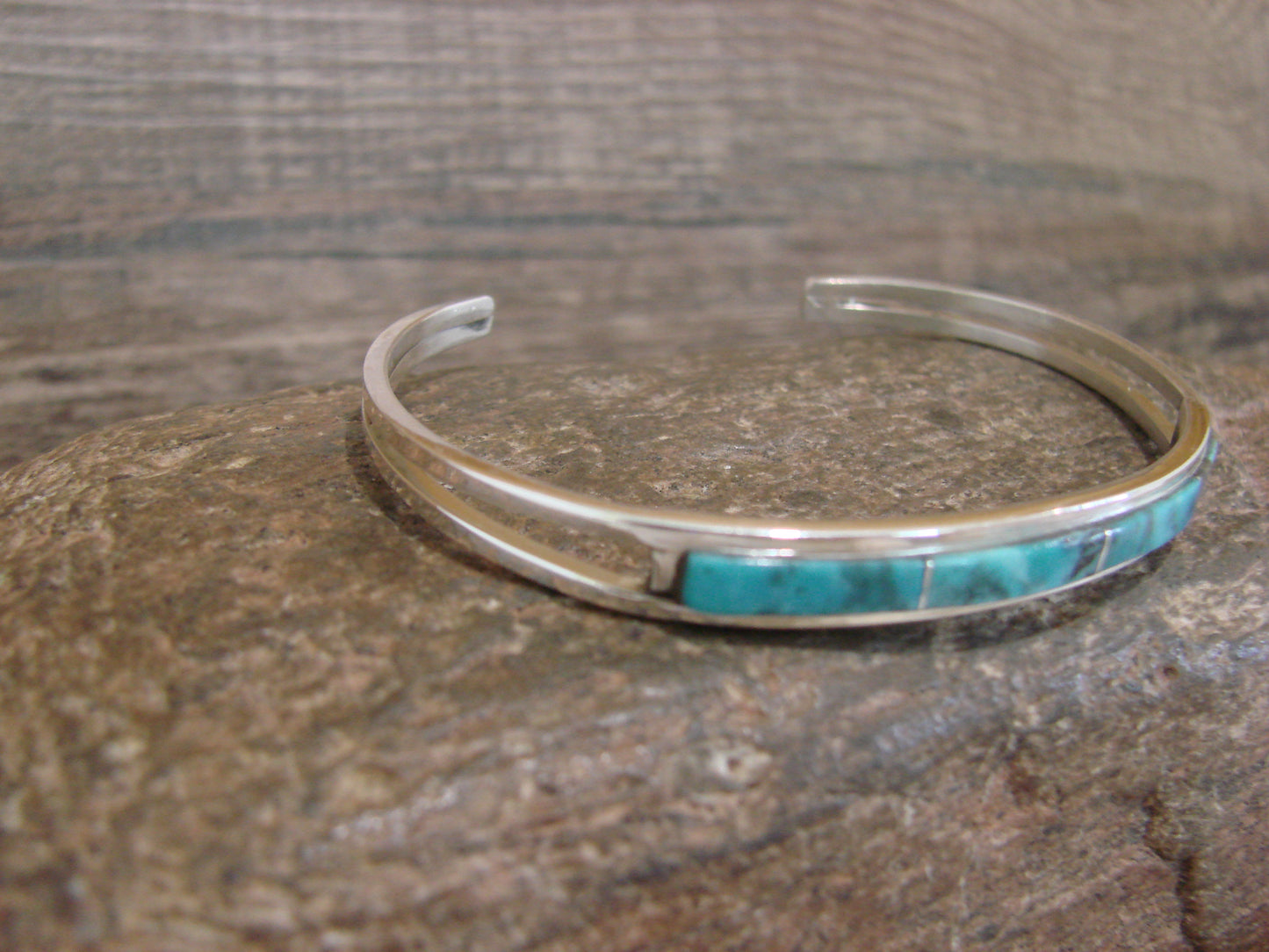 Native American Sterling Silver Turquoise Inlay Row Cuff Bracelet - Johnson