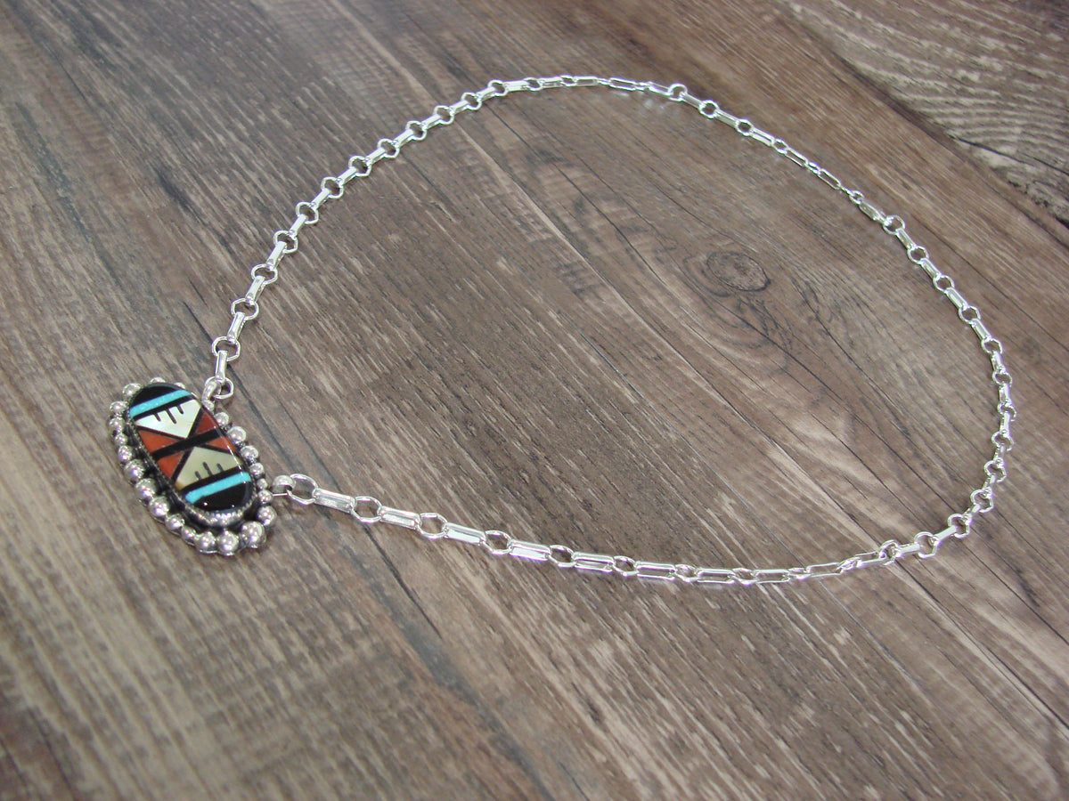 Native American Sterling Silver Multi Stone Inlay Link Necklace - Qualo