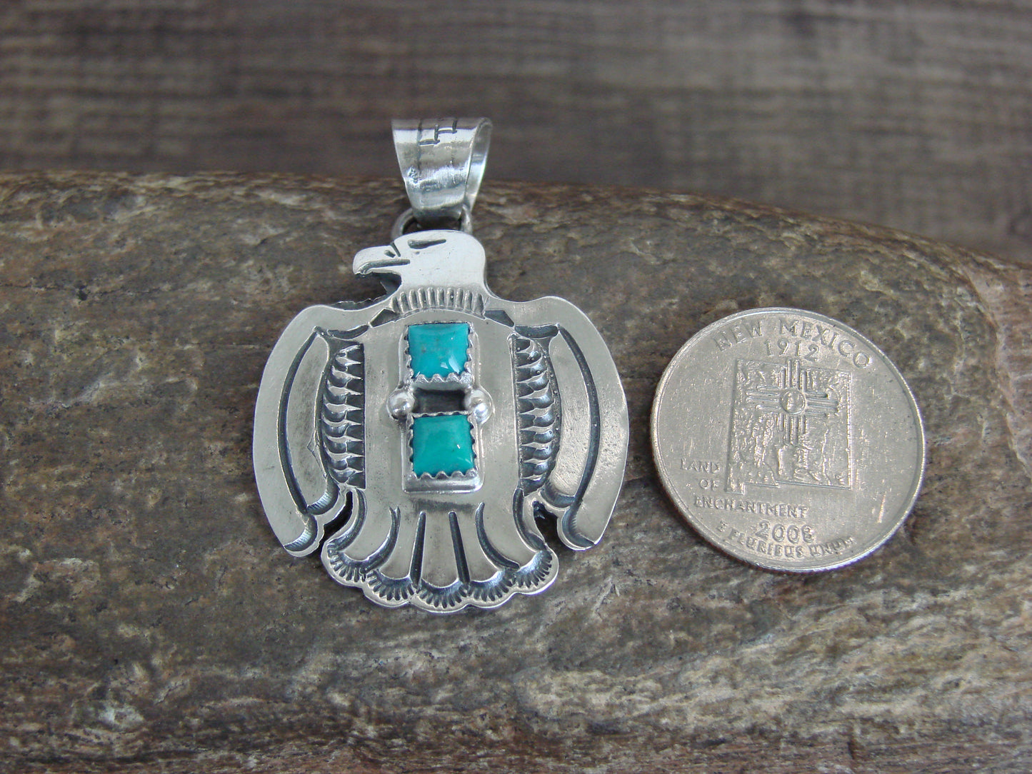 Native American Sterling Silver & Turquoise Thunderbird Pendant by Martinez