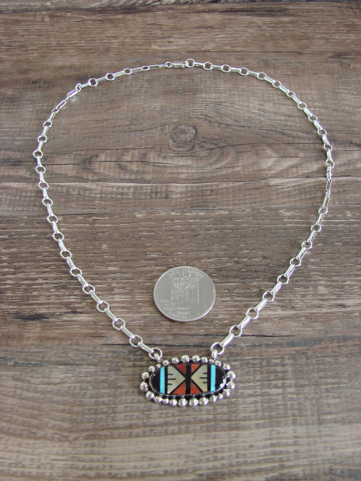 Native American Sterling Silver Multi Stone Inlay Link Necklace - Qualo