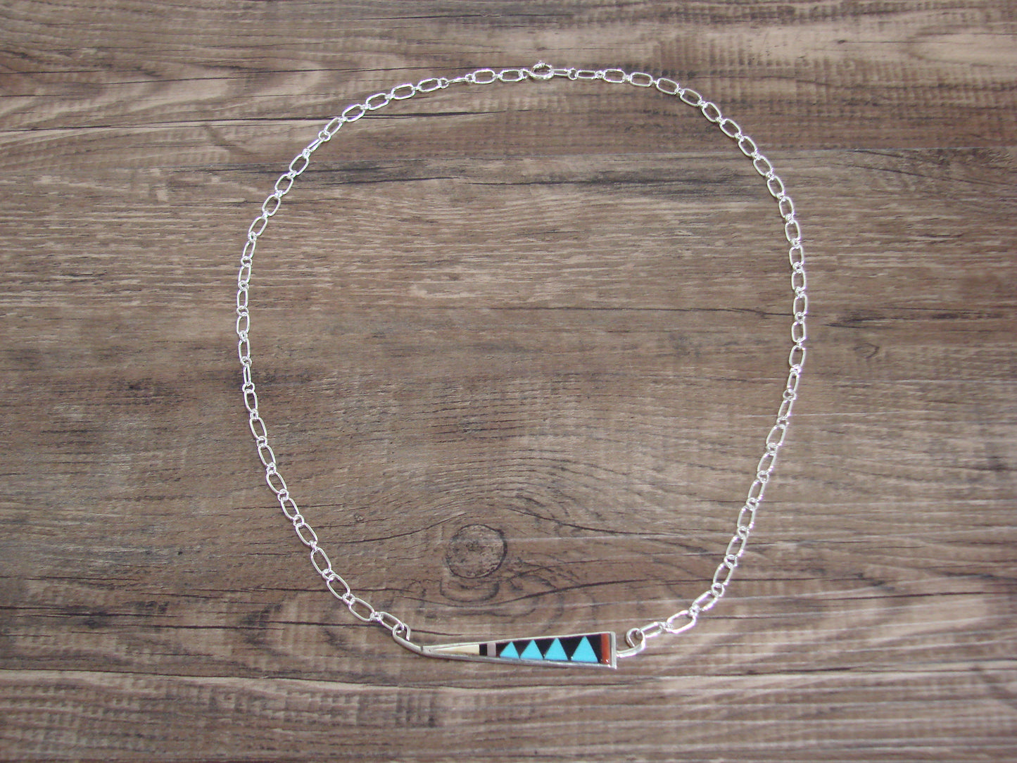 Native American Sterling Silver 18" Multi Stone Inlay Link Necklace - Qualo
