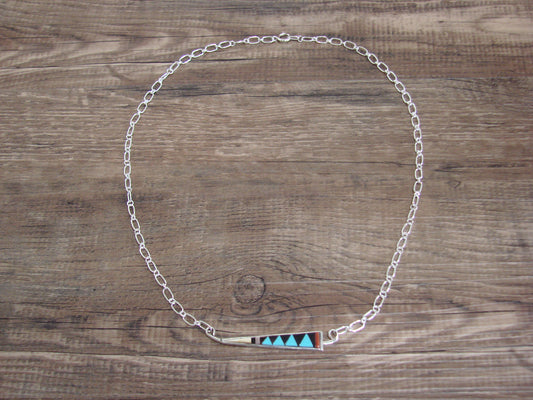 Native American Sterling Silver 18" Multi Stone Inlay Link Necklace - Qualo