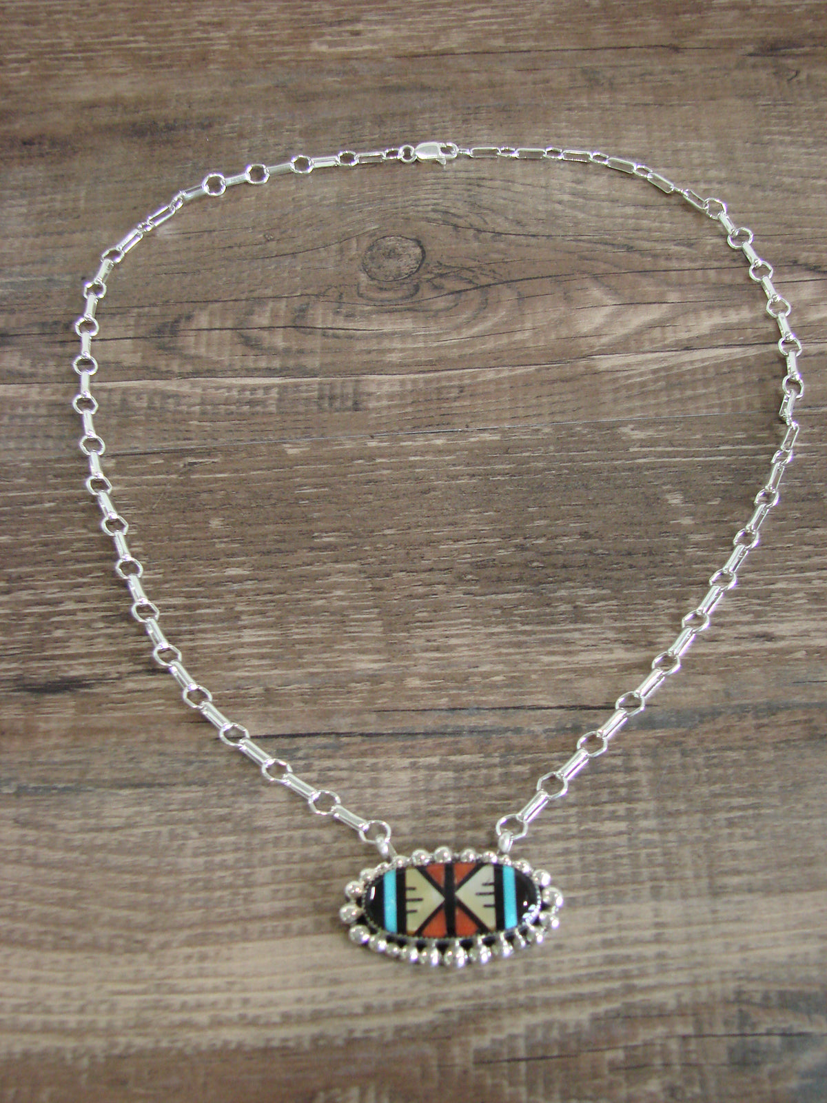 Native American Sterling Silver Multi Stone Inlay Link Necklace - Qualo