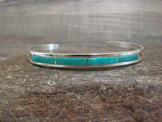 Native American Sterling Silver Turquoise Inlay Row Cuff Bracelet - Johnson