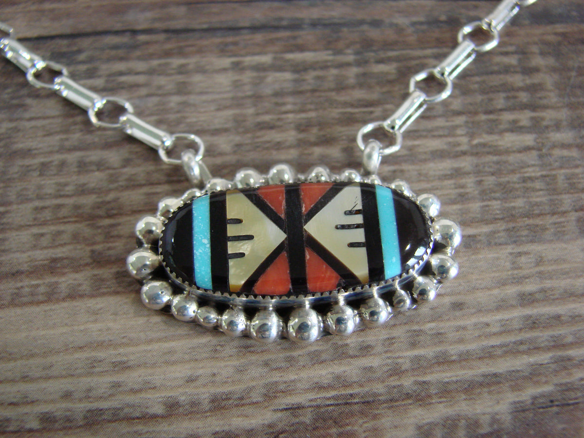 Native American Sterling Silver Multi Stone Inlay Link Necklace - Qualo