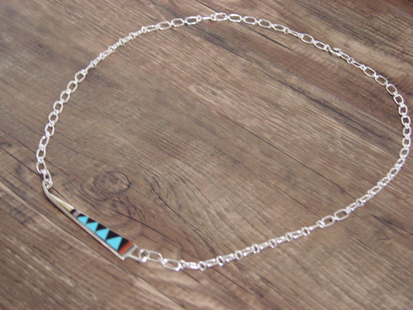 Native American Sterling Silver 18" Multi Stone Inlay Link Necklace - Qualo
