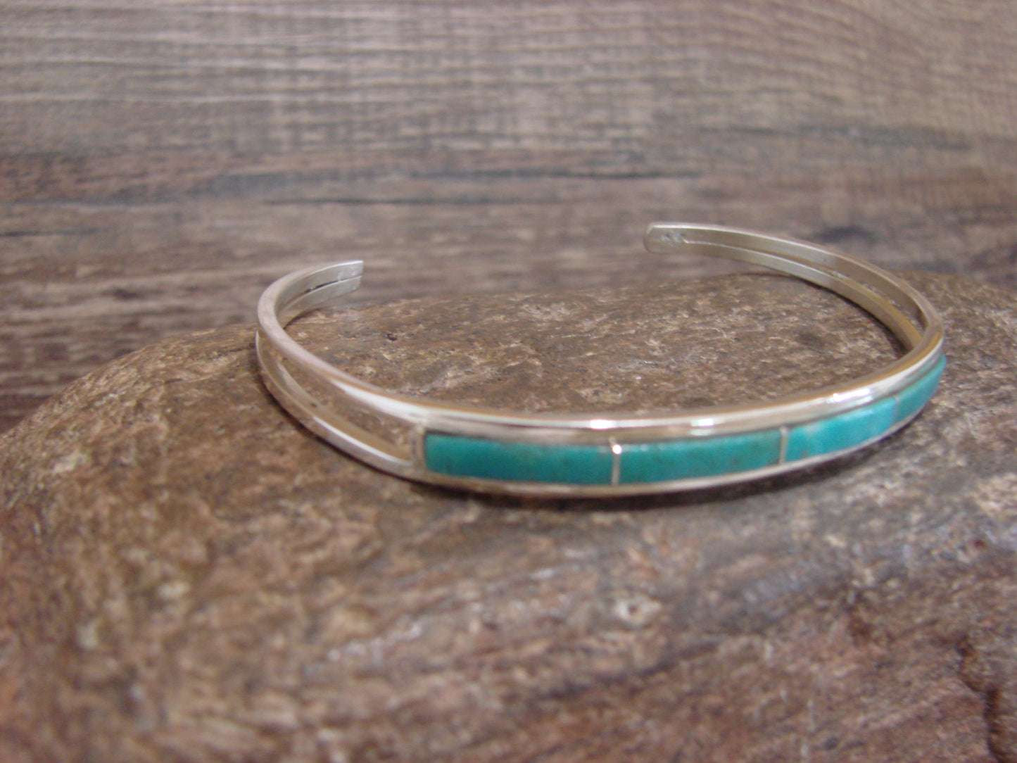 Native American Sterling Silver Turquoise Inlay Row Cuff Bracelet - Johnson