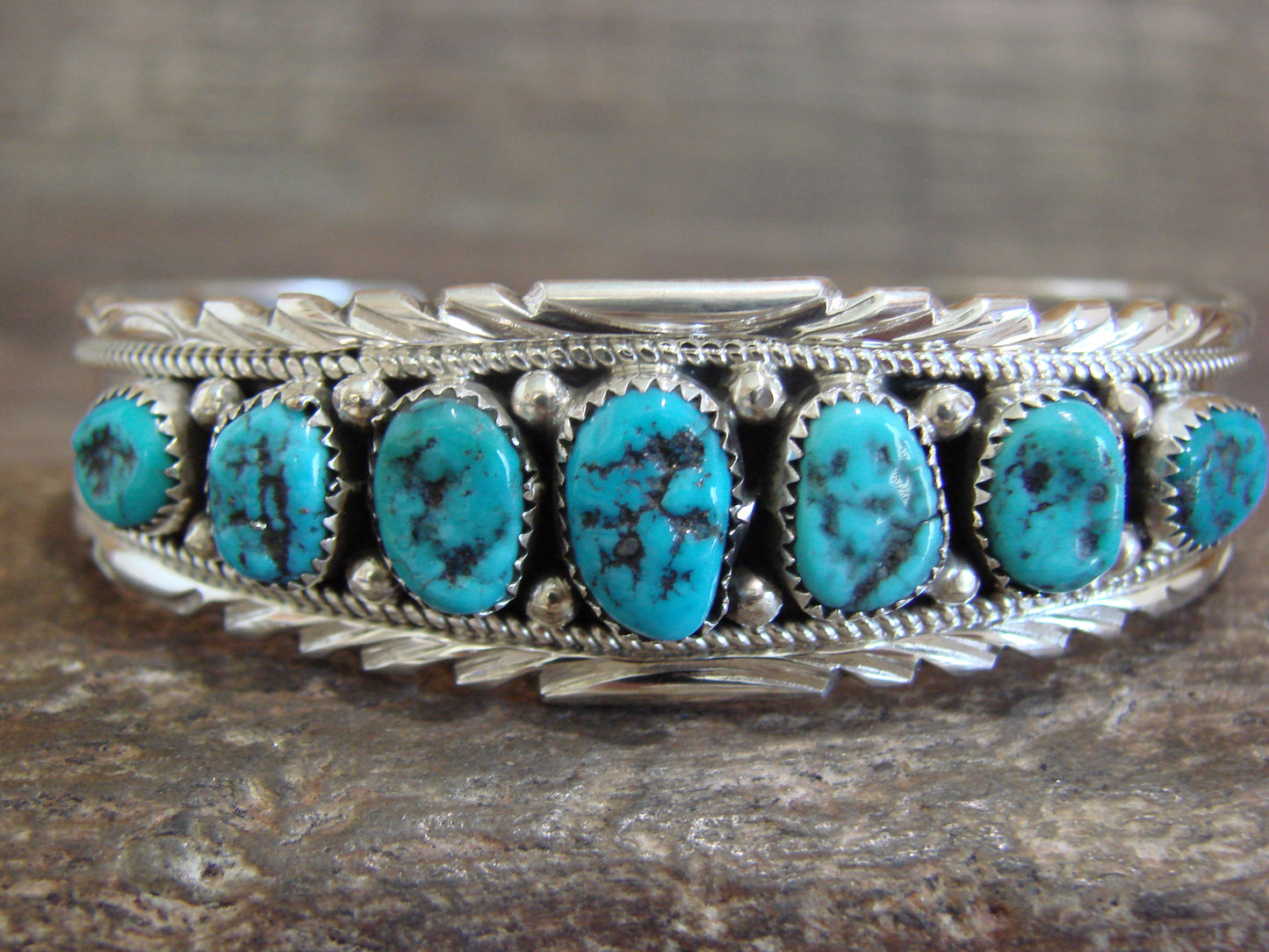 Native American Sterling Silver & Turquoise Row Bracelet by White Goat