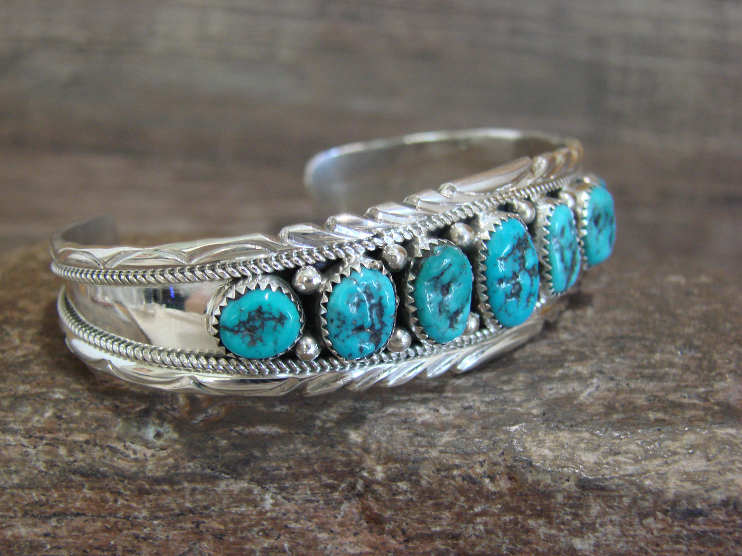 Native American Sterling Silver & Turquoise Row Bracelet by White Goat